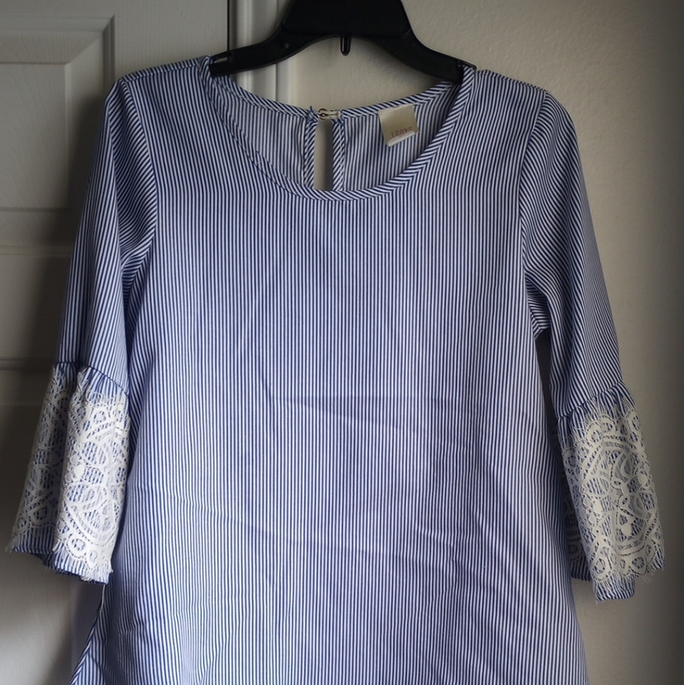 LODYS USA Blue and White Striped Lace Bell Sleeve Blouse Size S